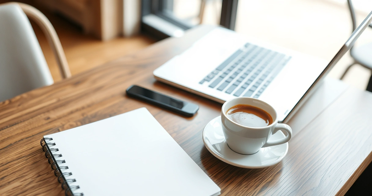 Caderno, café e notebook sobre a mesa de uma cafeteria