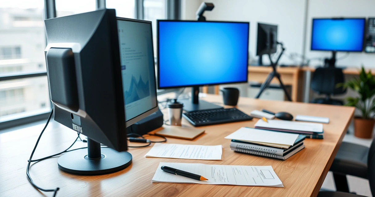 Mesa de redação com monitor e anotações, com luz do dia