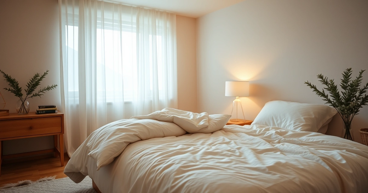 Quarto tranquilo com roupa de cama macia e luz baixa