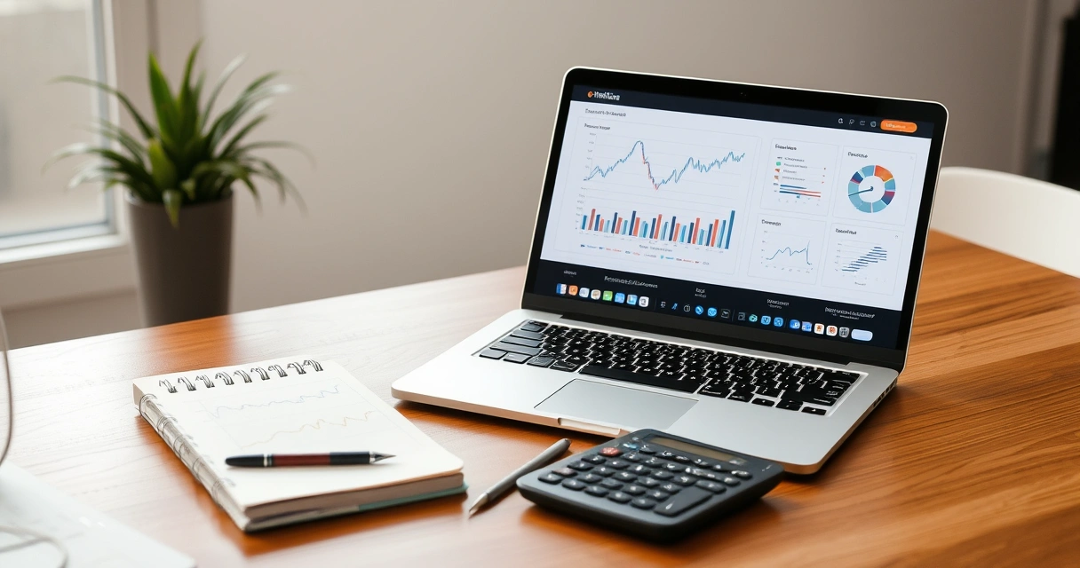 Notebook com gráficos ao lado de um caderno e uma calculadora