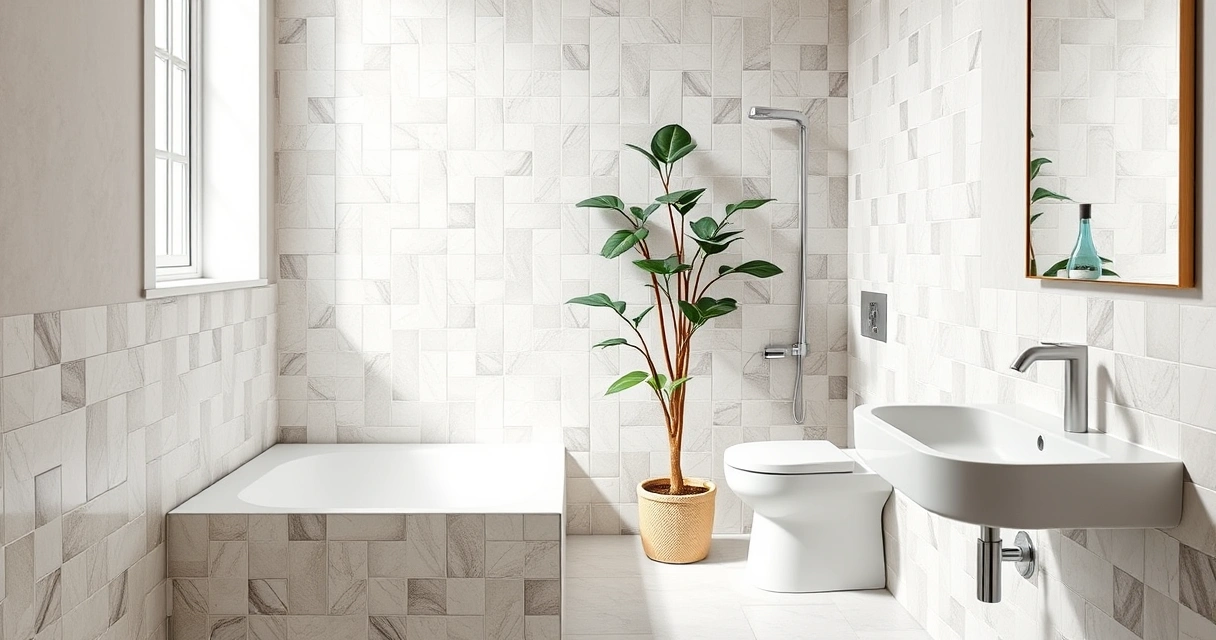 Banheiro moderno e limpo, com azulejos e uma planta