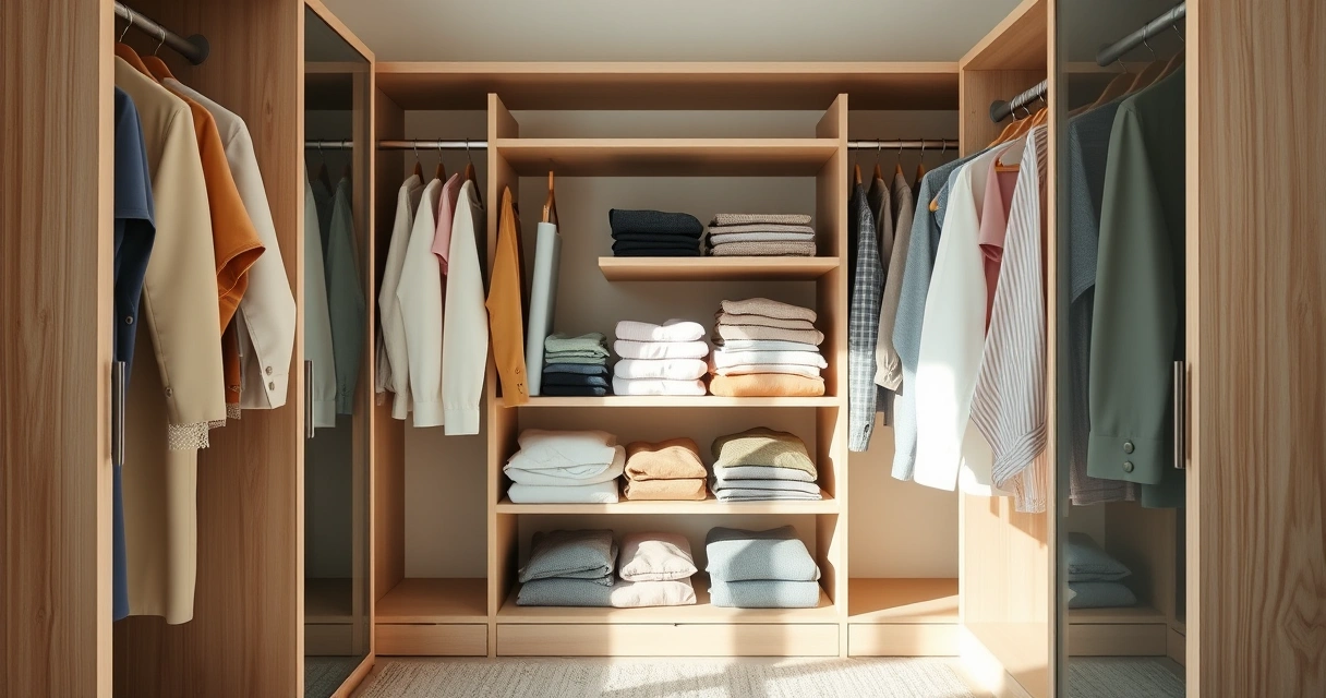 Roupas dobradas com cuidado dentro de um guarda-roupa aberto