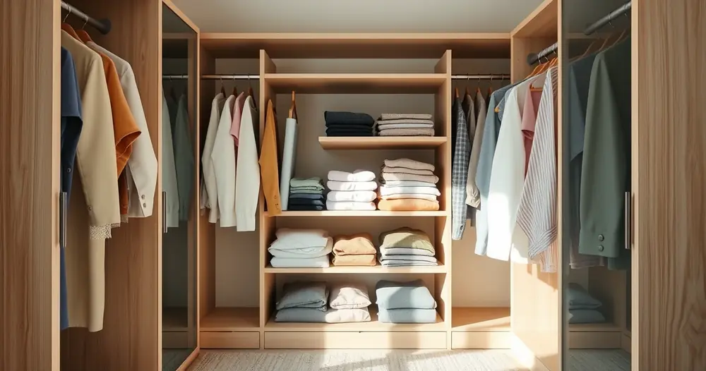 Roupas dobradas com cuidado dentro de um guarda-roupa aberto