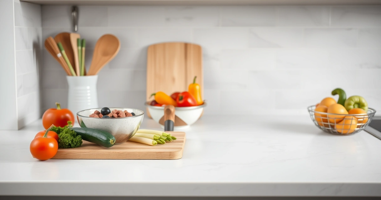 Bancada de cozinha com tábua, tigelas e legumes frescos