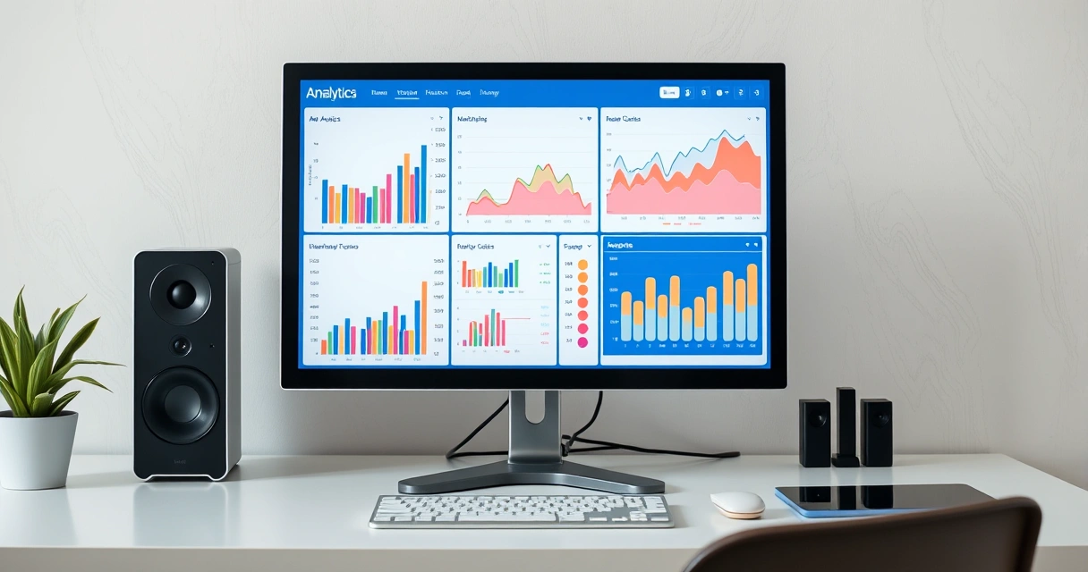 Monitor exibindo gráficos coloridos sobre uma mesa organizada