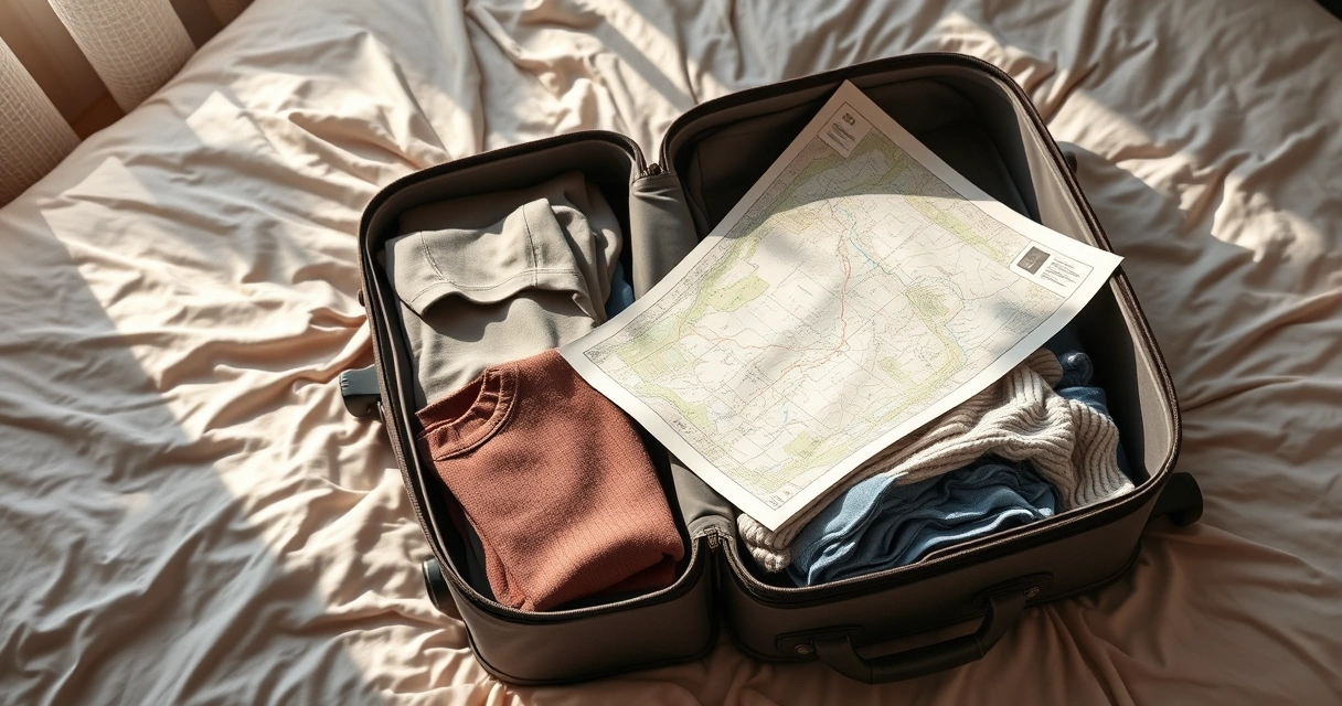 Mala aberta com roupas dobradas e um mapa de papel sobre a cama