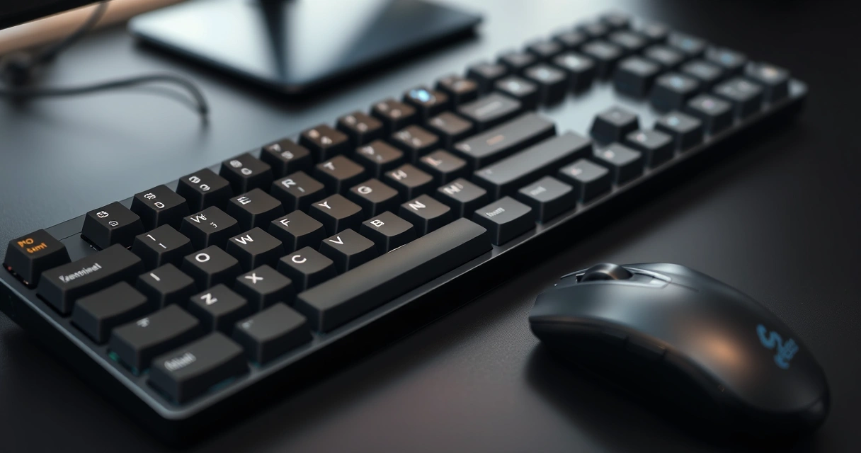 Close de um teclado mecânico e um mouse sobre mesa escura