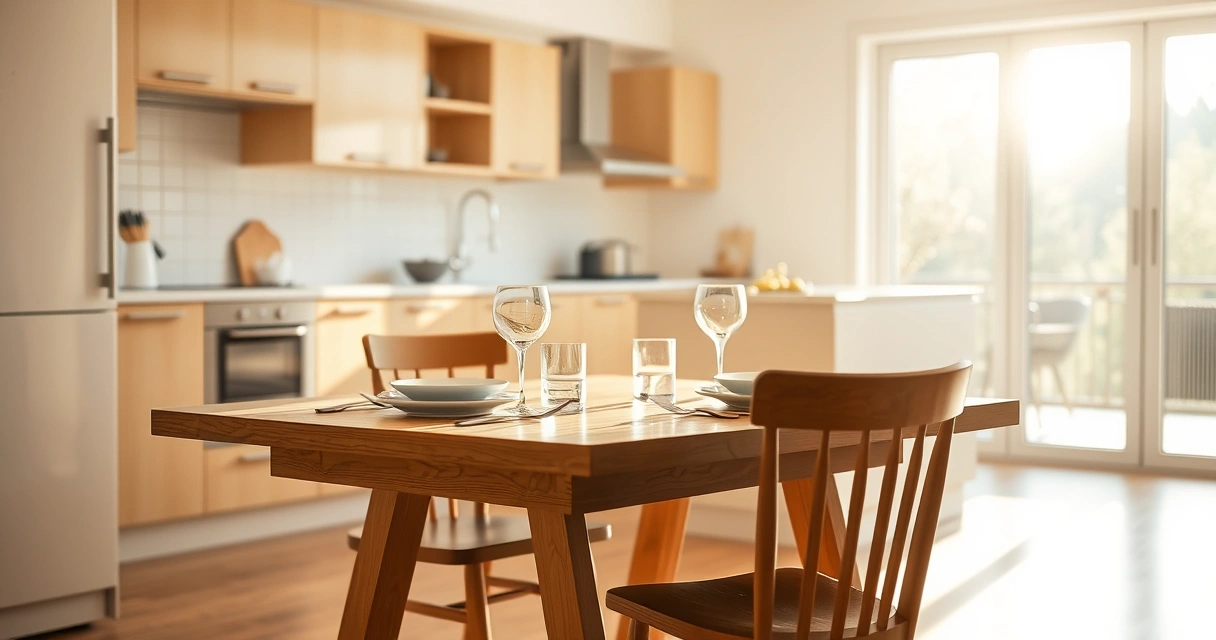 Mesa de cozinha posta para duas pessoas com uma cadeira afastada e vazia