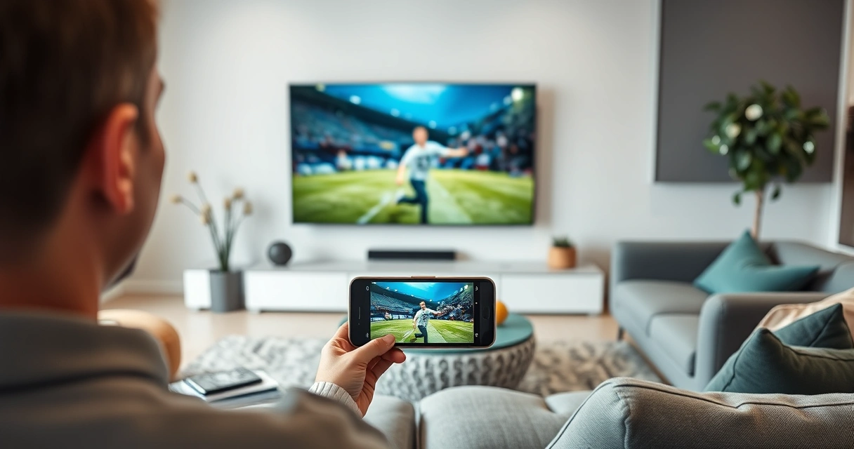 celular transmitindo vídeo para televisão grande na sala de estar