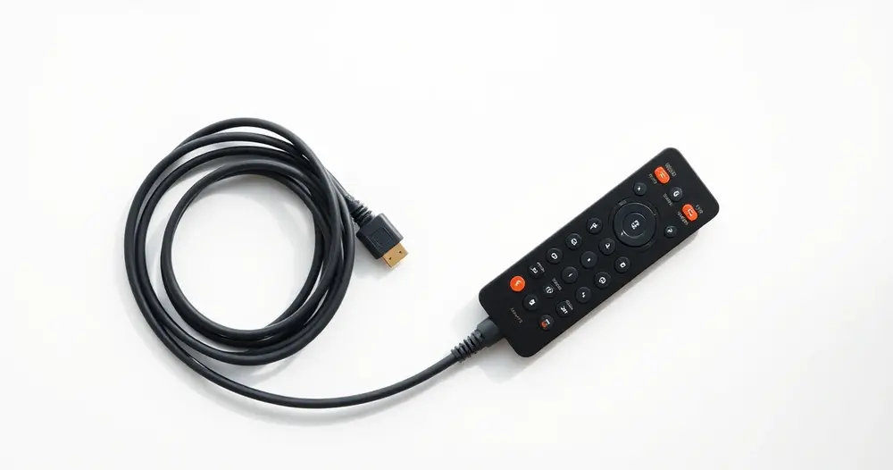 cabo HDMI enrolado ao lado de controle remoto preto sobre mesa branca