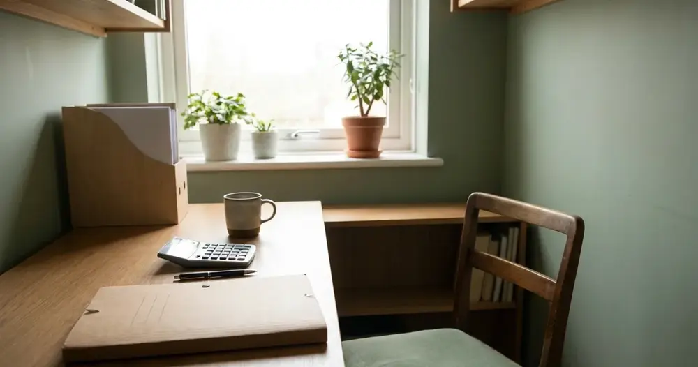 Mesa de escritório de empresa nova com pasta de documentos e calculadora