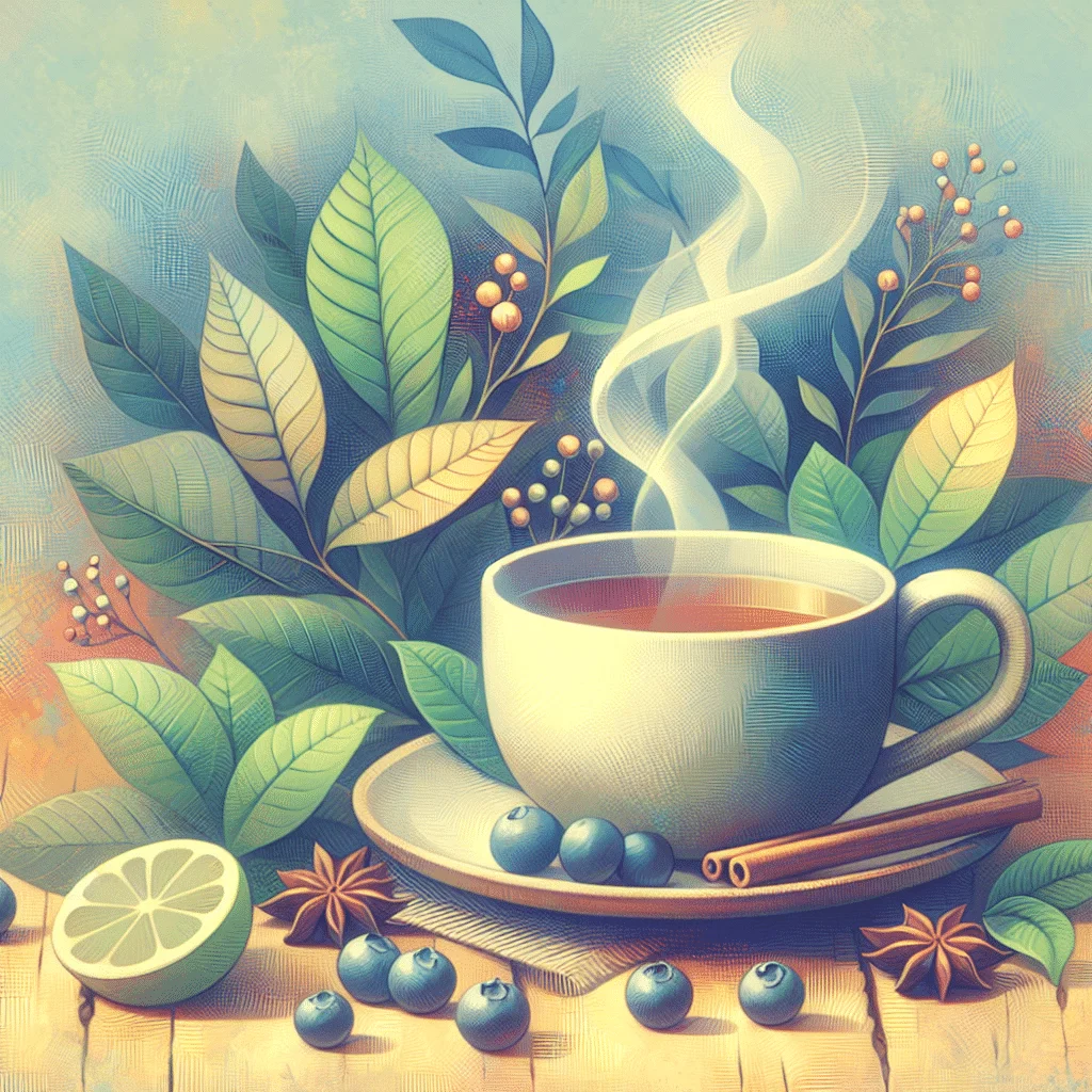 Uma xícara de chá de louro quente em uma mesa de madeira com folhas de louro frescas ao lado.