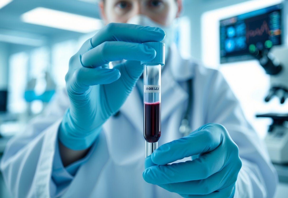 Hemoglobina glicada de 5,7 é normal? Saiba o que isso indica 1 Mãos de um profissional de saúde segurando um tubo de ensaio com amostra de sangue em um laboratório médico moderno.